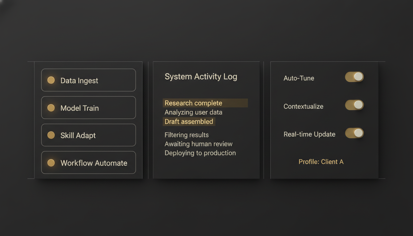 A dark terminal running AI agents and skills next to a configuration sidebar.