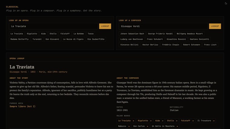 The opera library, open to La Traviata, with the story of the opera beside a profile of Verdi.
