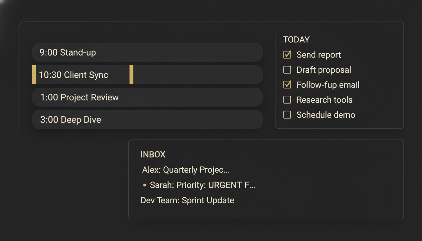A morning dashboard showing calendar, tasks, and inbox on one page.