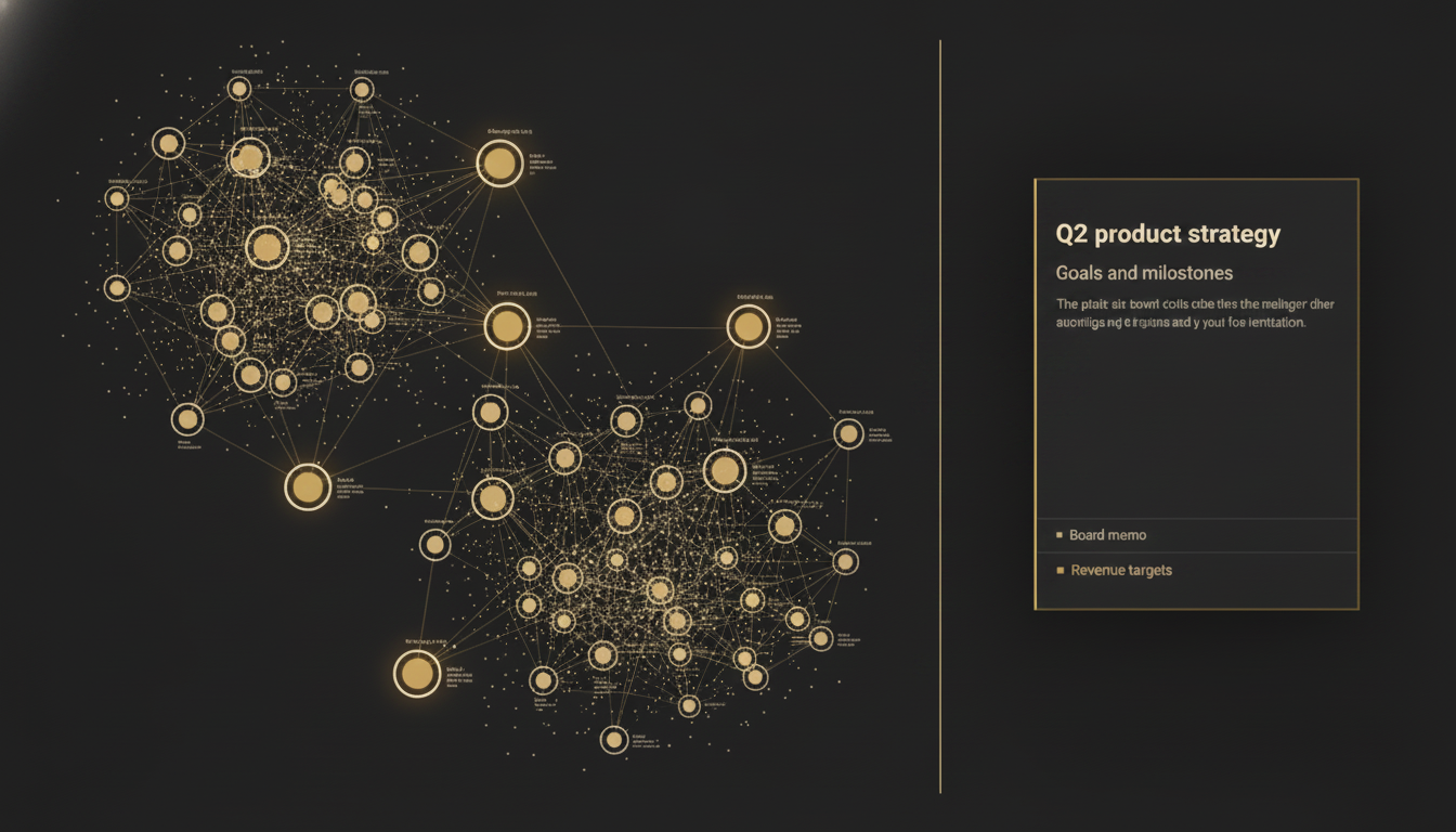 A dark knowledge graph of linked notes feeding an AI retrieval panel.