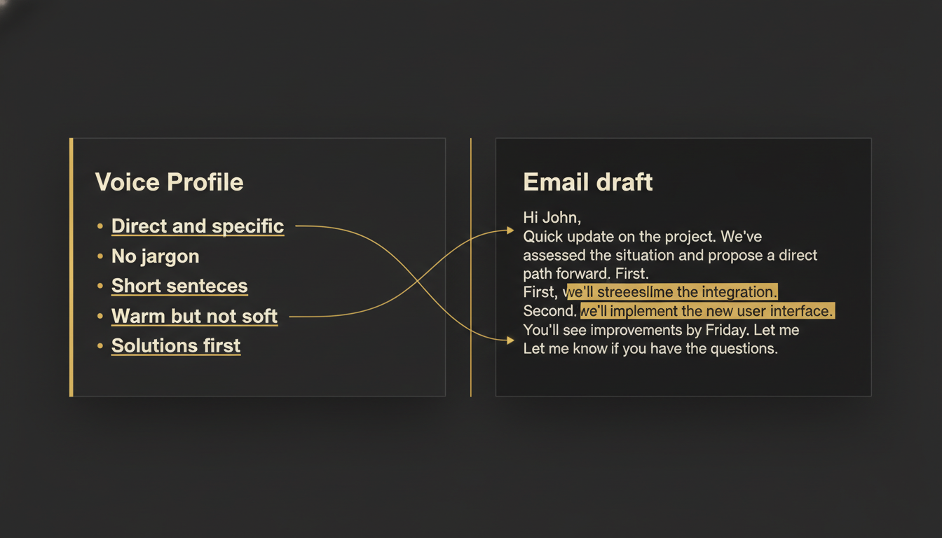 A writing voice profile beside an email drafted in the same voice.