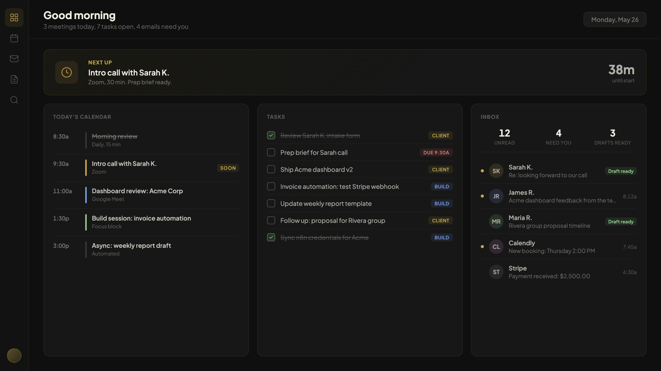 A personal dashboard showing today's calendar, task list with priority tags, inbox with draft indicators, and a next-up countdown