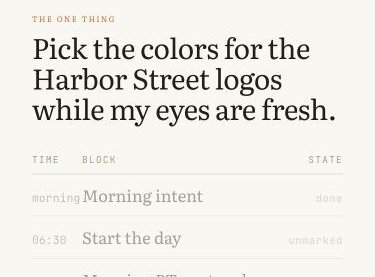 The coach demo, open to a day whose one thing is picking colors for the Harbor Street logos.
