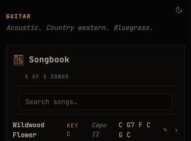 The guitar room songbook, with keys, capo positions and chords for five songs.