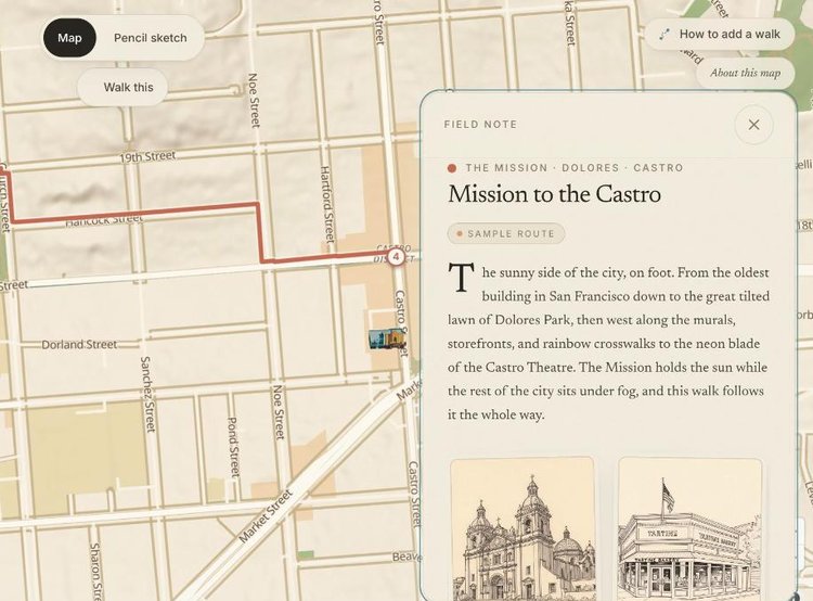 Wally Walks, showing the Mission to the Castro walk on the map beside its field note and pencil sketches.