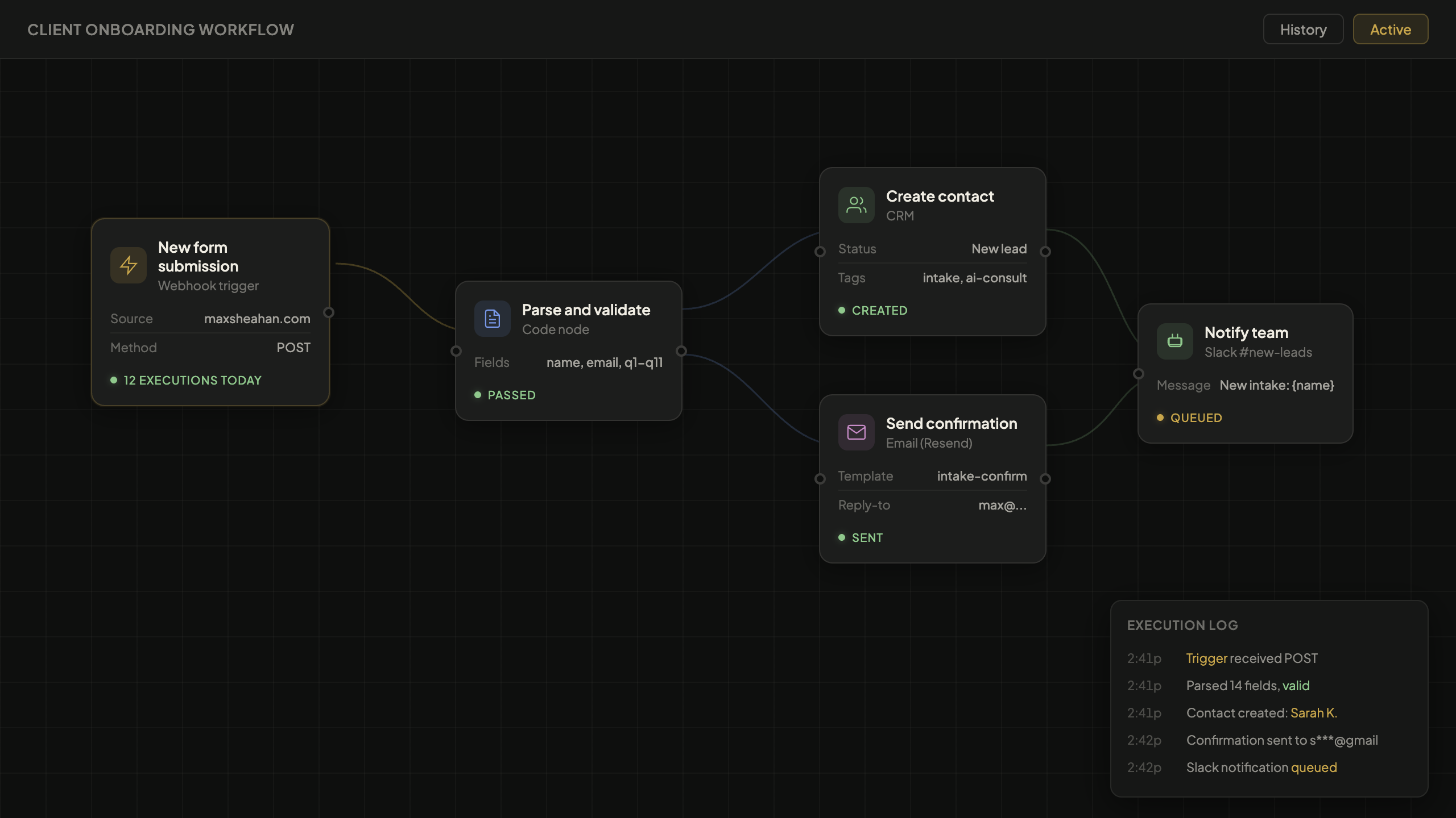 A workflow automation canvas showing five connected nodes: form trigger, parser, CRM, email, and Slack notification